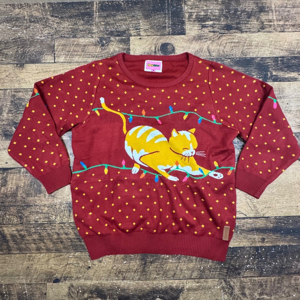 Tipsy Elves Light Up Ugly Christmas Sweater Mens XL‎ Red Cat Tangled in Lights